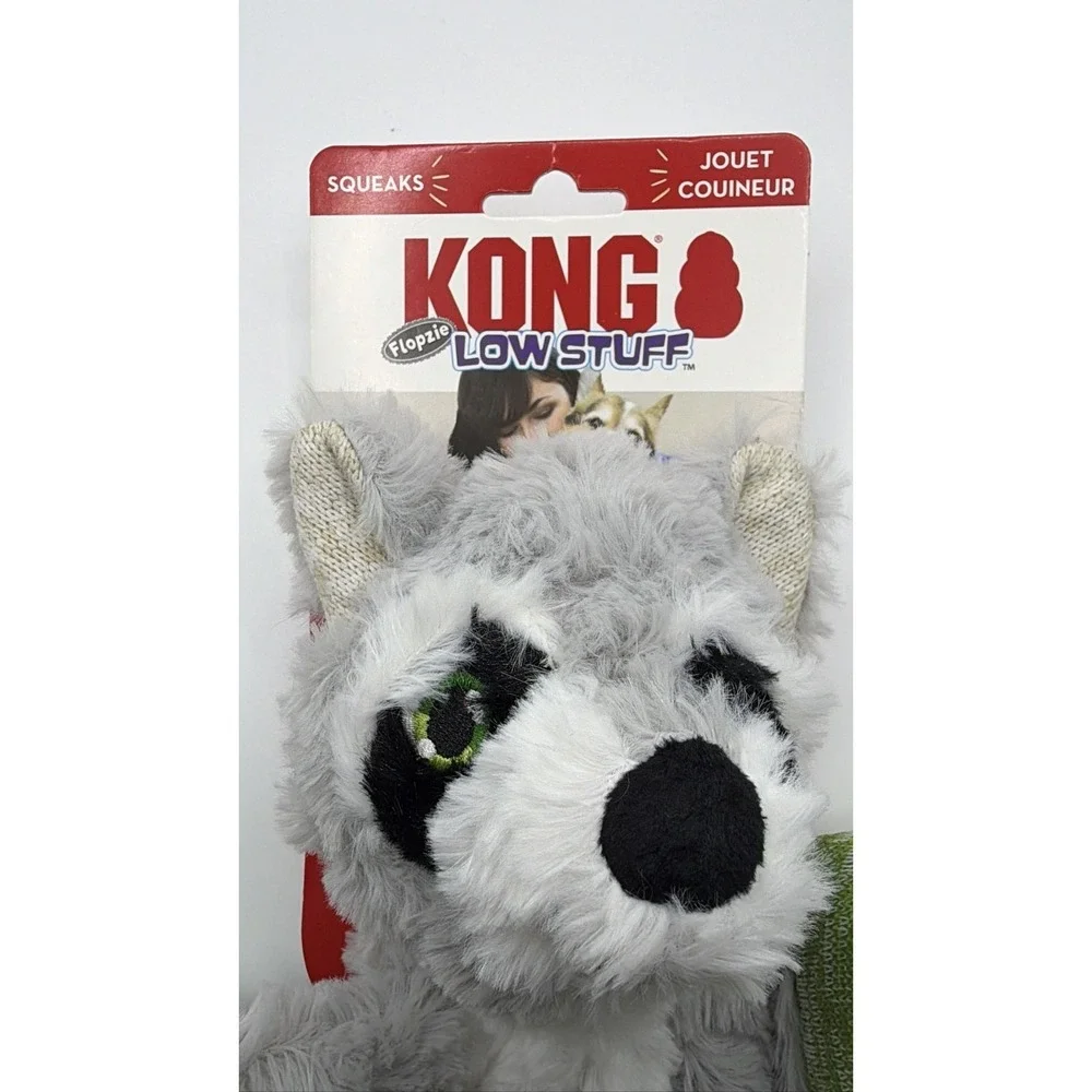 KONG Flopzie Low Stuff Raccoon Dog Toy Squeaky Weighted Medium LWF24